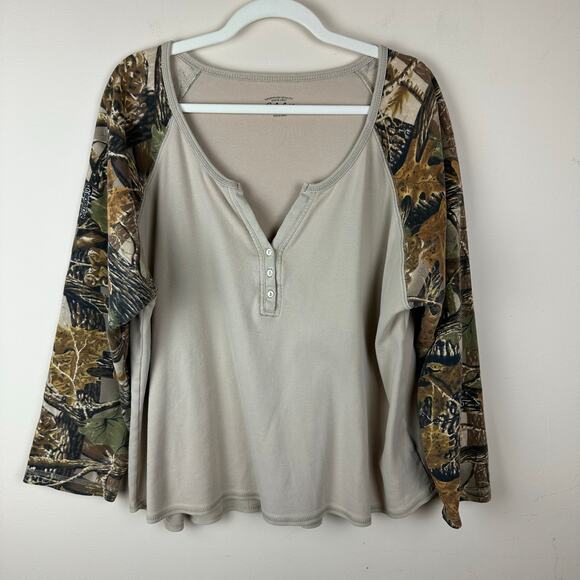 Cabela's Tops - Cabela’s Seclusion 3D Camo Raglan Shirt Women’s 2XL Beige Henley Hunting Outdoor